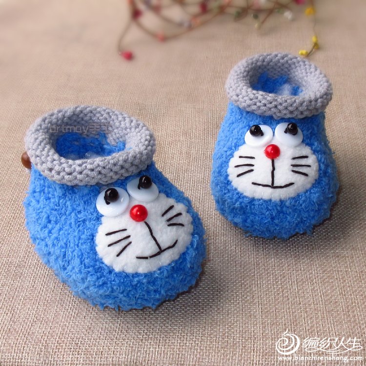 绒绒线机器猫手工棒针编织婴儿学步鞋全教程(
