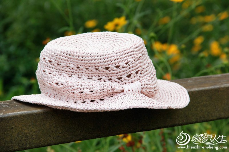 夏季遮阳或扮靓用,窄檐帽,帽身是钩针镂空花样,自然的蝴蝶结装饰是