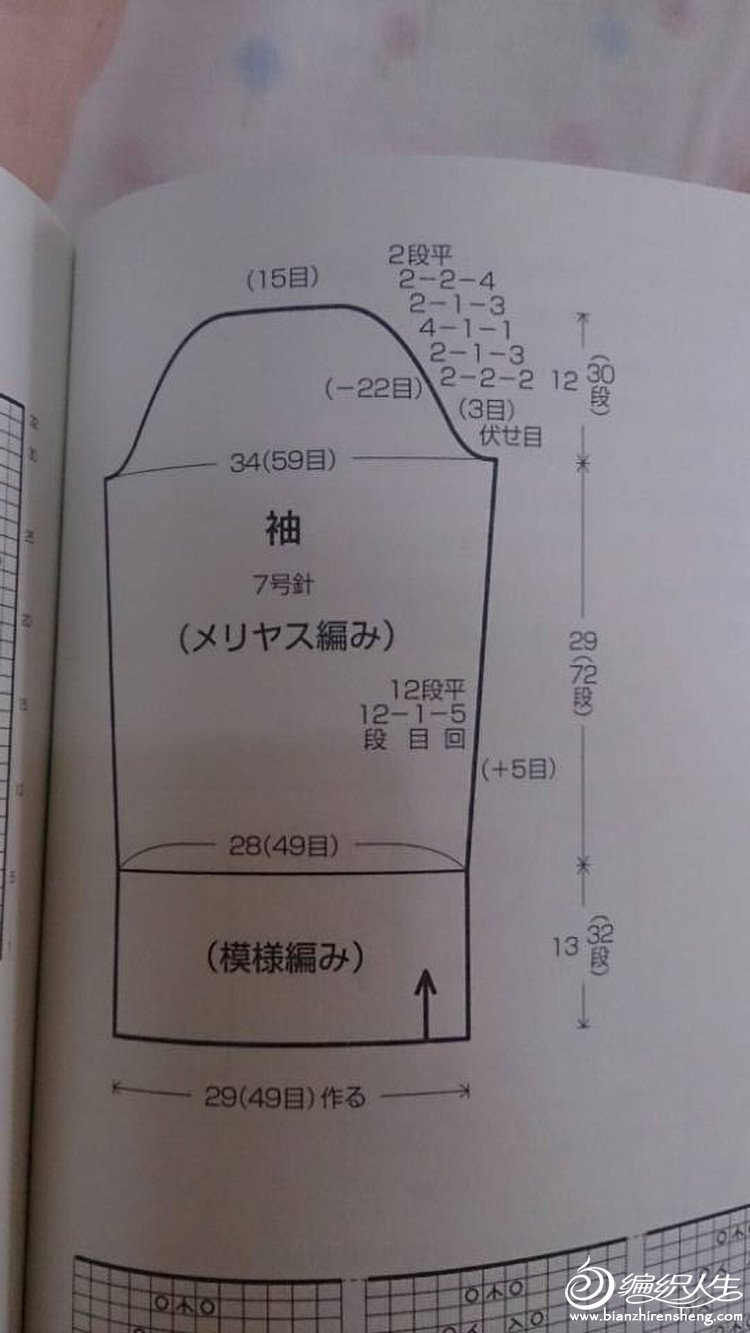 头毛衣  袖子起针见下图5,共计49针,织两个花样结束,织平针,两边加针