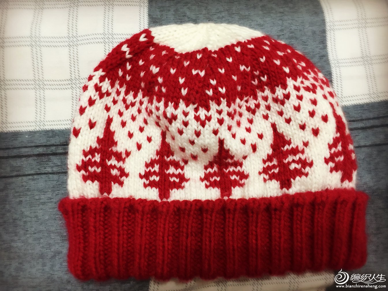 编织教程 红白棒针圣诞树提花帽子 用针:4mm帽身,3