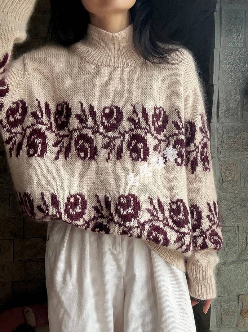 女士棒针玫瑰提花毛衣